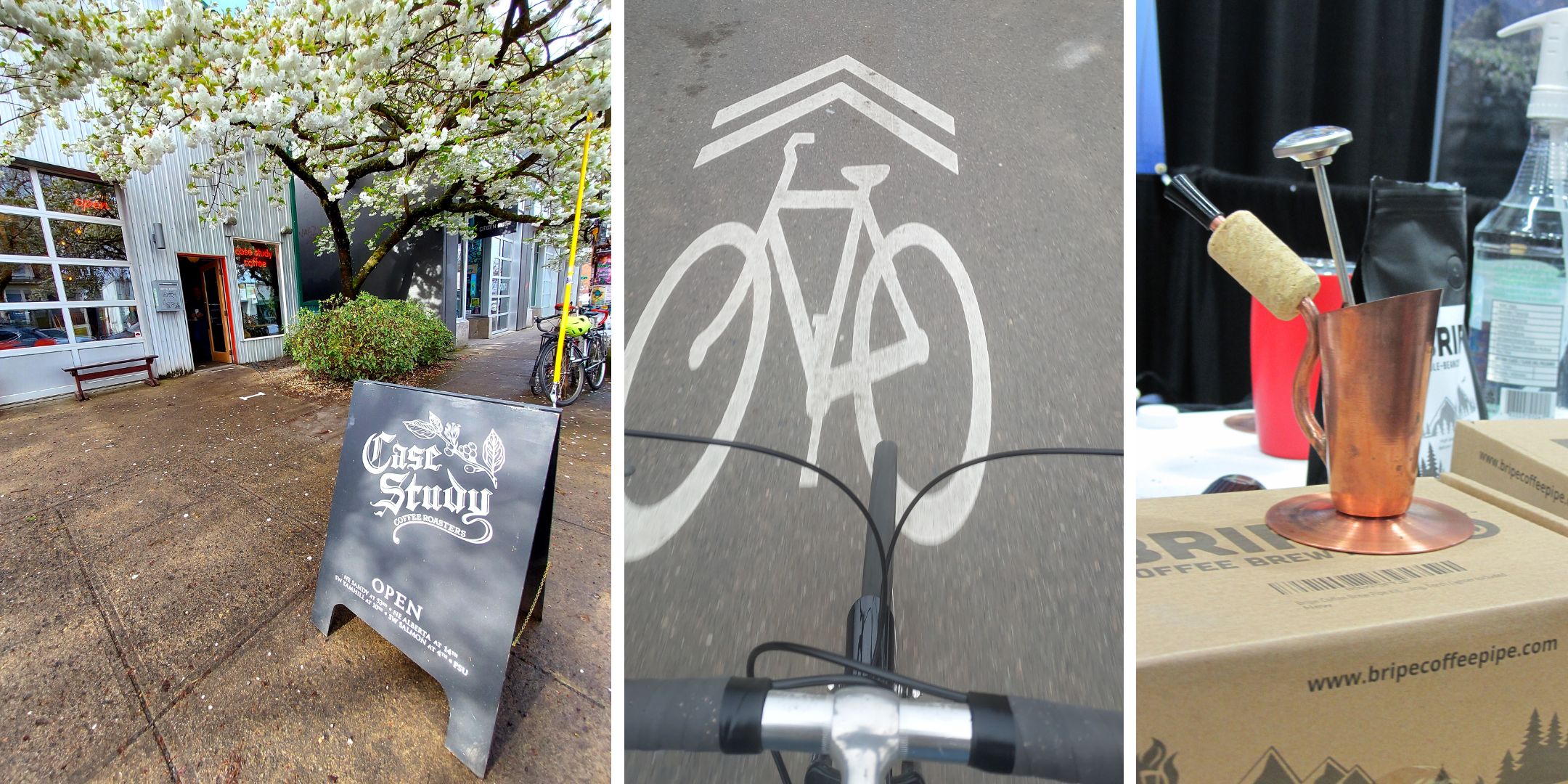 From Left: The front of Case Study Coffee-a tree with white flowering buds over hangs the entryway into the metal building. Center: A cyclists POV of their handlebars riding over a bike lane sign painted on the ground. Right: The Bripe, or coffee pipe.