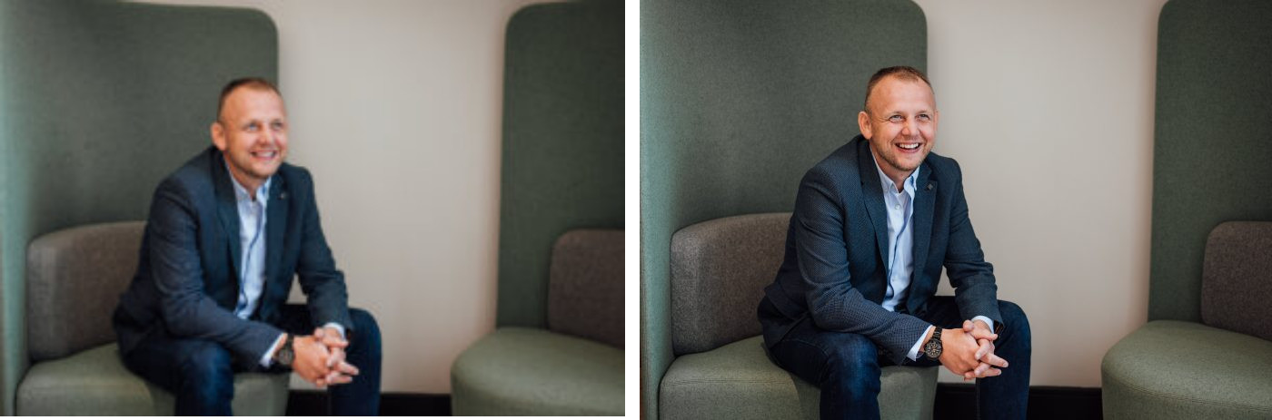 Two slightly different photos of a short-haired, middle-aged man in a blue suit sitting on padded office furniture.