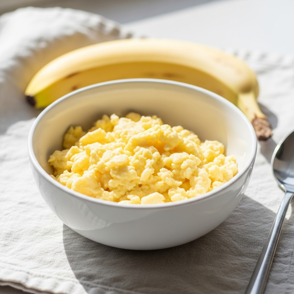 Light and airy close-up of a soft scrambled egg in a white ceramic bowl beside a ripe banana on a cream linen cloth, flooded with natural light