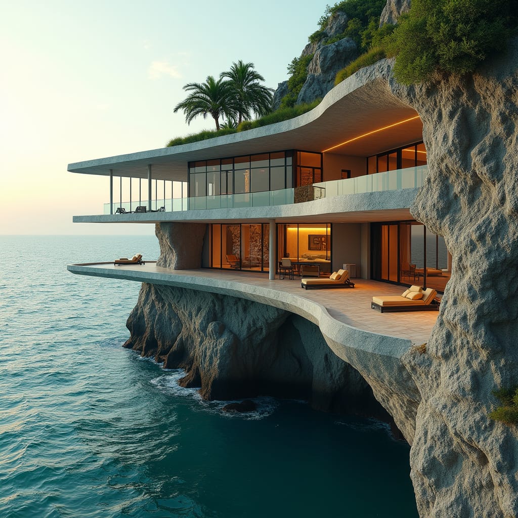 A majestic, modern coastal school in Jamaica's northern coast, carved into the rugged cliffs, with floor-to-ceiling glass walls that seem to defy gravity, cantilevered over the turquoise ocean, offering heart-stopping views. The building's façade juxtaposes rough-hewn natural stone with sleek, silver steel and glass, creating a captivating interplay of organic and synthetic textures. Suspended, steel-beamed walkways weave between the multi-tiered levels, while a rooftop oasis beckons with an expansive, ocean-facing vista. Soft, golden light spills across the architecture, accentuating the synergy of natural and man-made elements, as if the structure has grown organically from the cliffside.