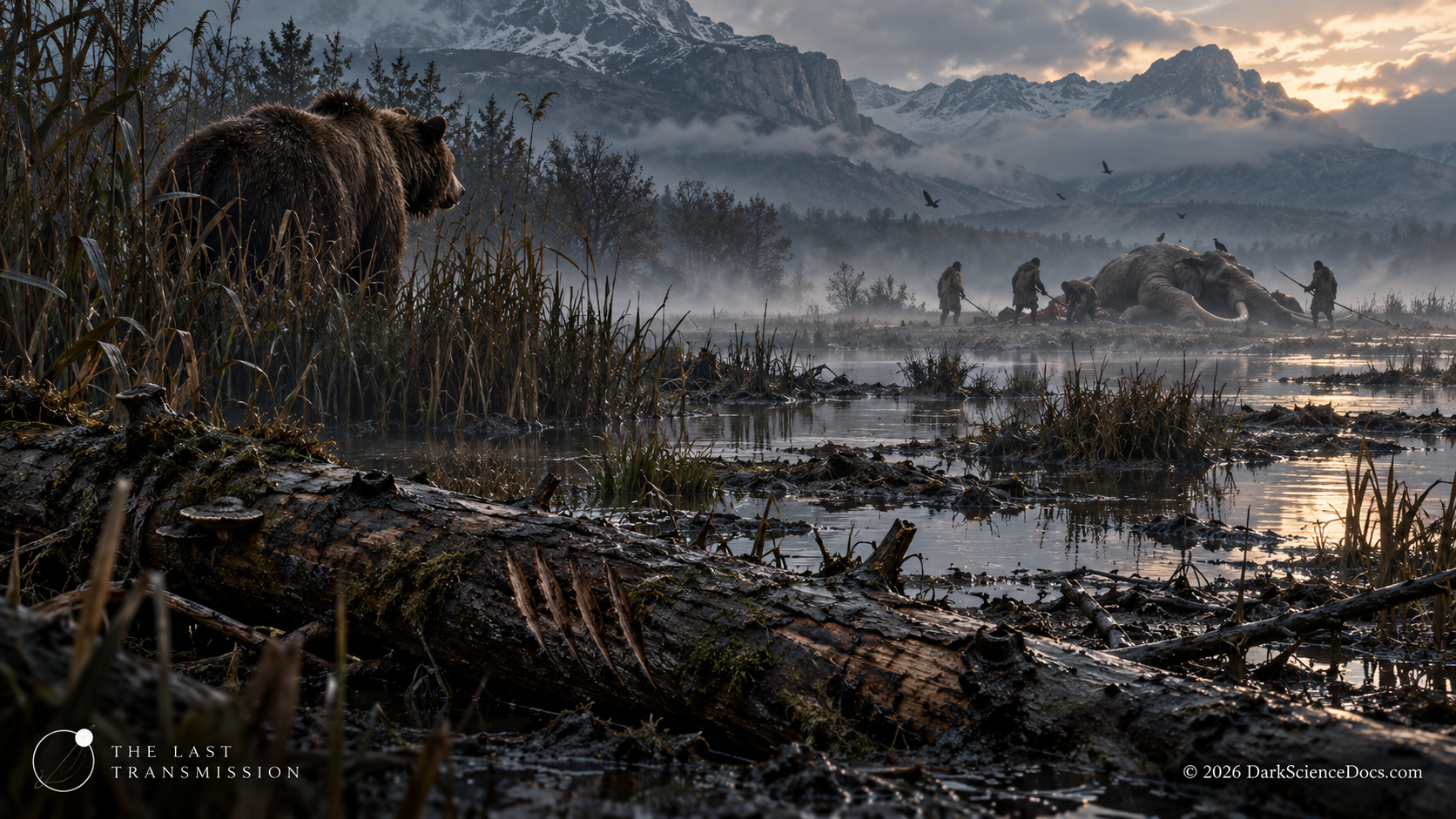 Claw-marked wood records a large carnivore at the ancient lakeshore.