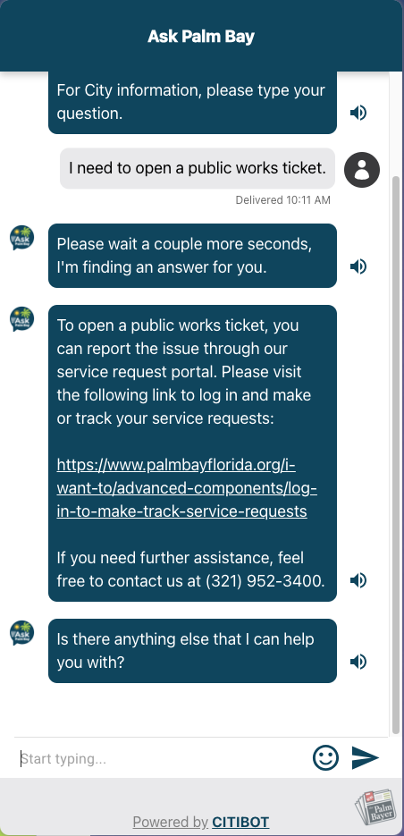 Image for article: Palm Bay Embraces AI to Elevate Resident Services with Citibot