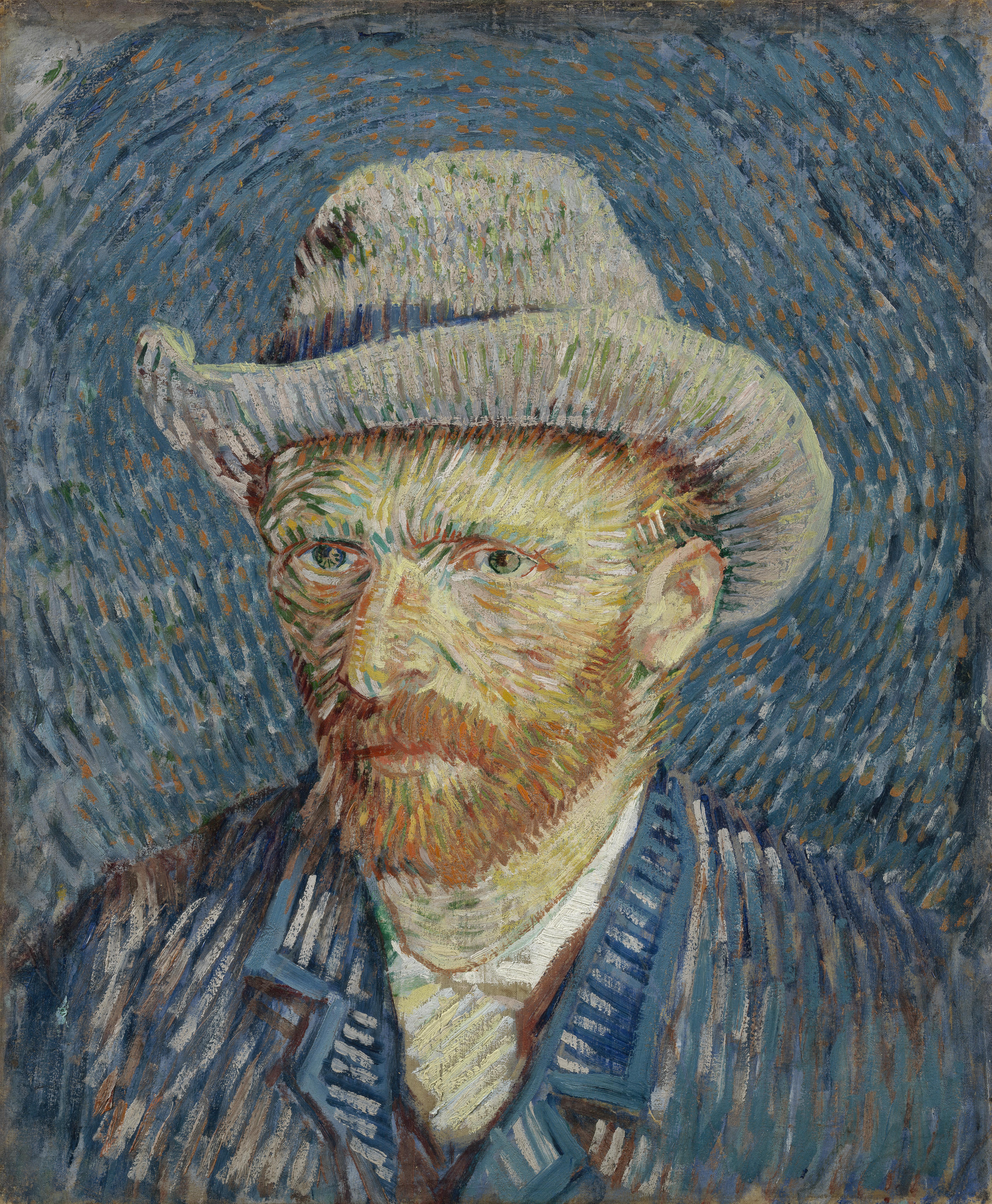 Van Gogh self-portrait with a grey felt hat, red beard, and blue background