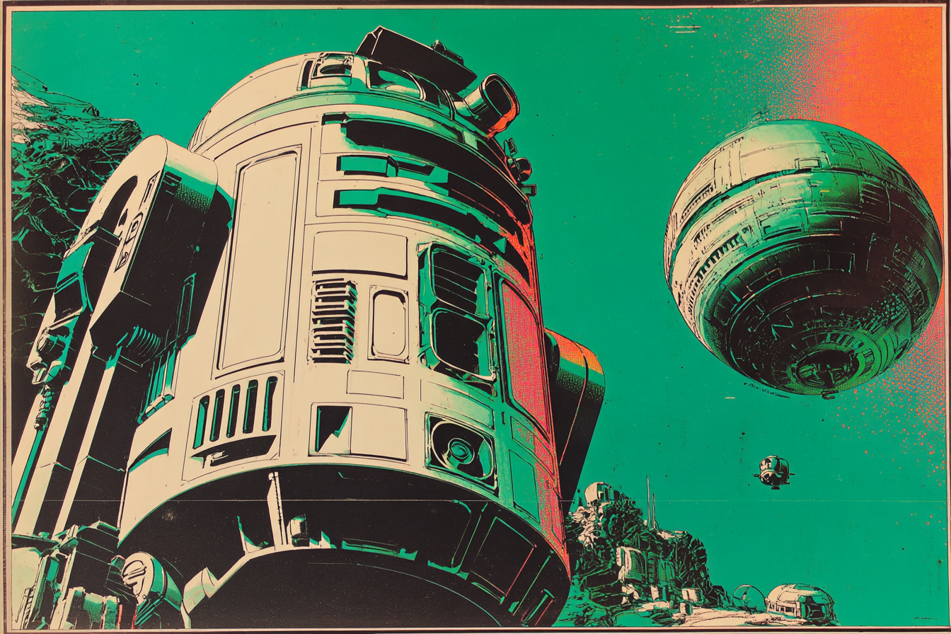 As imagined by Midjourney: R2-D2 and a small droid floating in space, a technical drawing. Mid century sci fi art inspired.