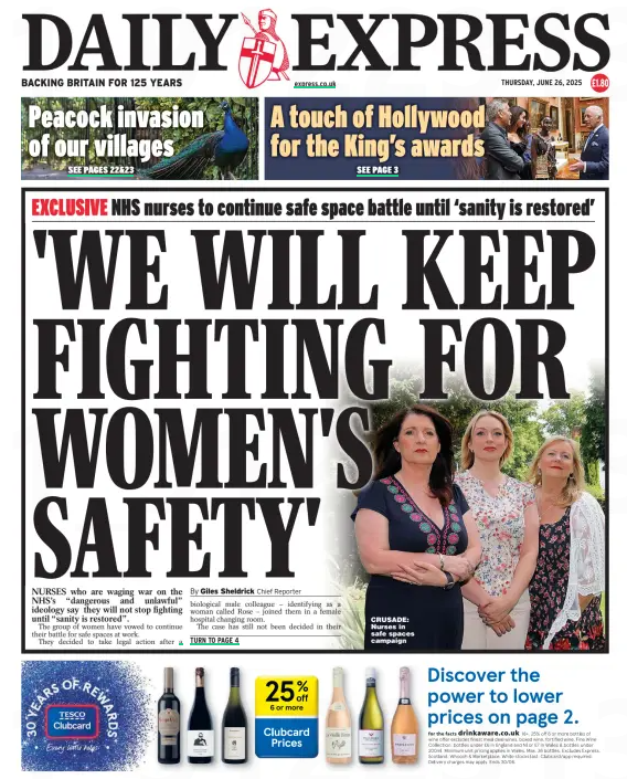 Daily Express front page 26 June 2025 - WE WILL KEEP FIGHTING FOR WOMEN'S SAFETY'