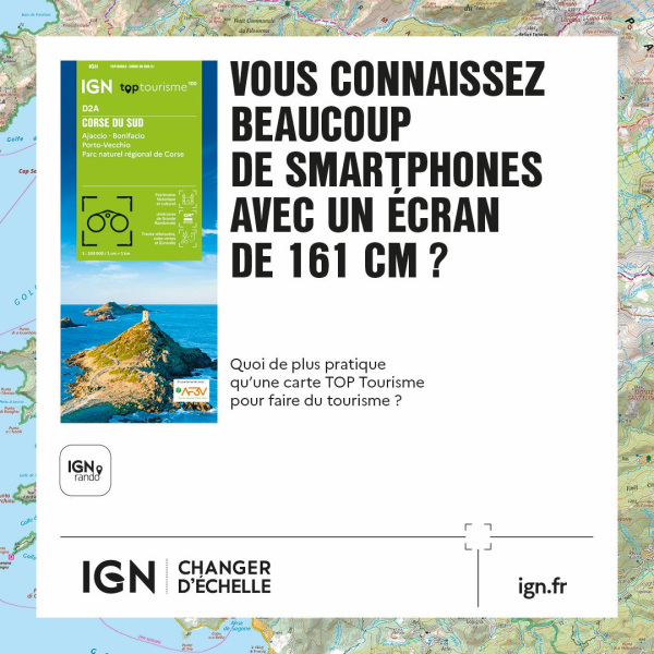 Une inscription à côté d'une carte IGN "Vous connaissez beaucoup de smartphones avec un écran de 161 cm ?"