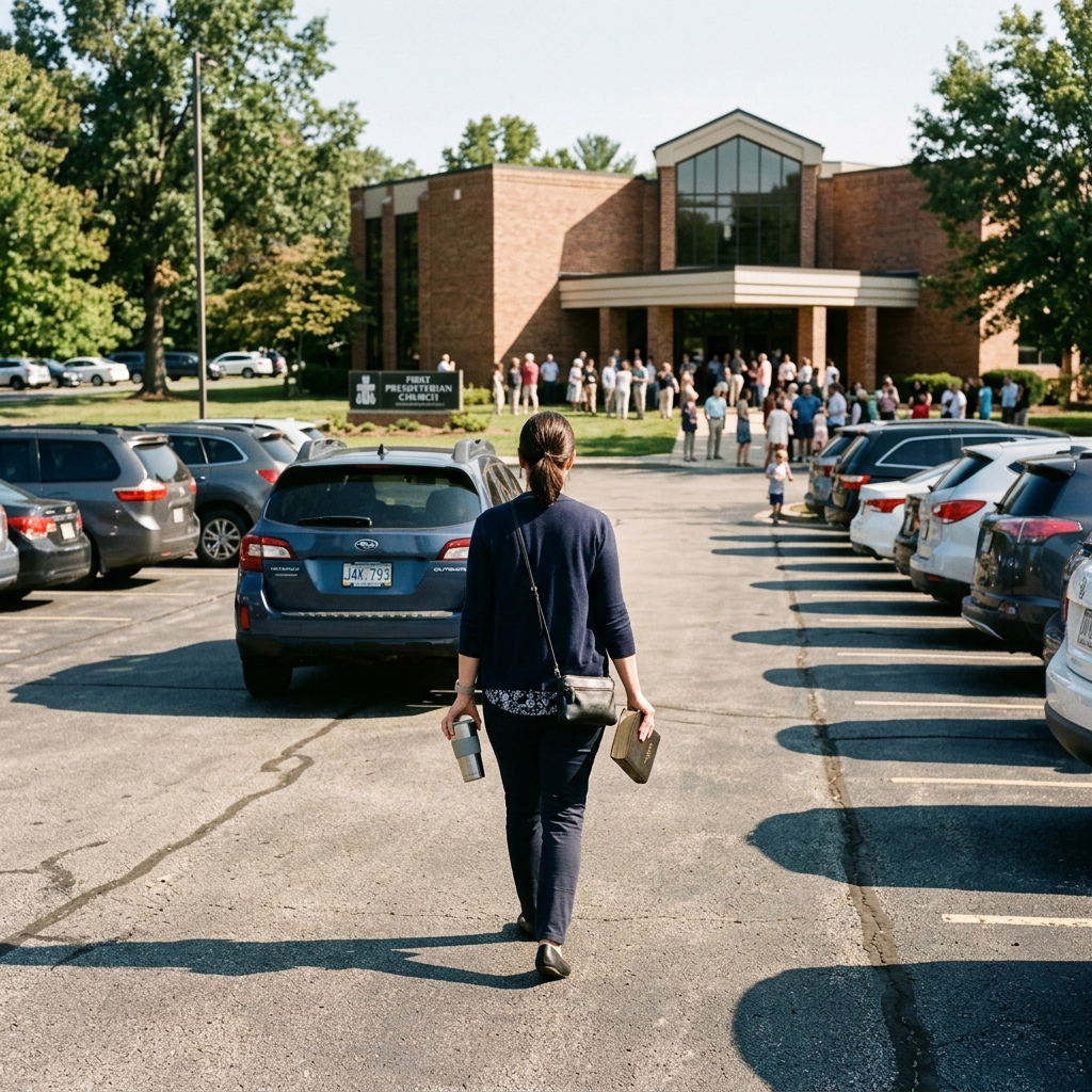 Person walking alone through church parking lot after Sunday service