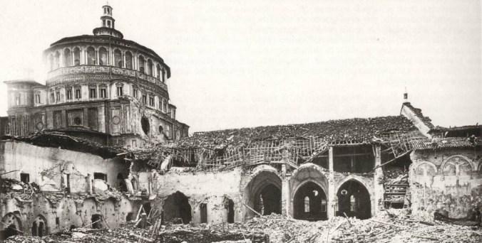 Black-and-white photograph of bomb damage near Santa Maria delle Grazie