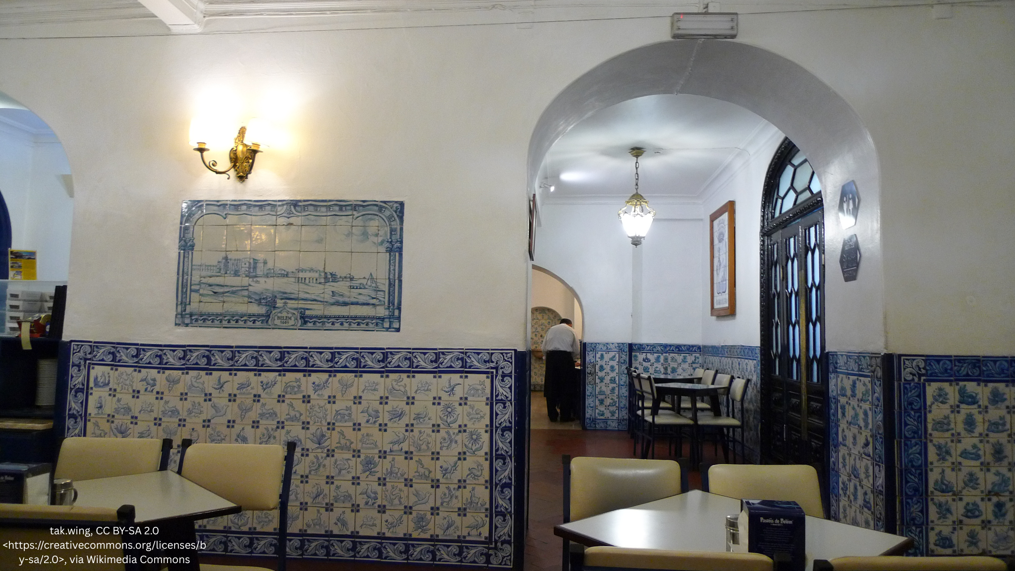 Blue-and-white tiled interior of a Portuguese pastry cafe