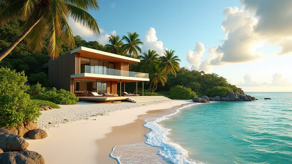 Stunning modern Jamaican villa perched on a lush cliffside, cascading water features and infinity pool blending seamlessly into the turquoise Caribbean Sea, surrounded by swaying palm trees and vibrant tropical flora, with a sleek, minimalist architecture reminiscent of the works of Alberto Campo Baeza, the vibrant colors and textures of David Hockney's landscapes, and the organic, curvilinear forms of Santiago Calatrava's designs.