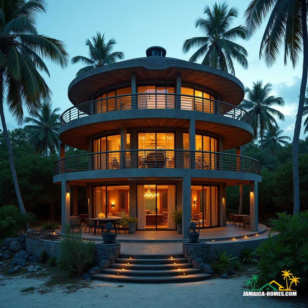 A majestic 4-storey steel frame round beach home in Jamaica, Caribbean, with protruding balconies, bathed in warm cinematic lighting, reminiscent of Wes Anderson, Alejandro Jodorowsky, and Terrence Malick, with a rich 35mm film aesthetic, pronounced film grain, subtle vignette, and deliberate color grading, evoking a sense of atmospheric drama and epic wonder.