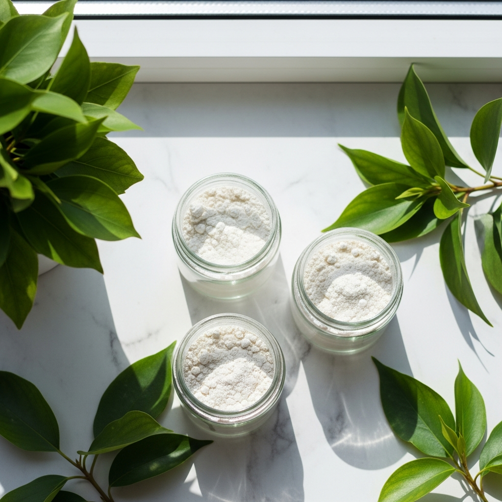 Bright photograph of three small glass jars filled with white powder supplements on a light marble countertop, surrounded by fresh green leaves, sunlit from a nearby window, white background, overhead angle