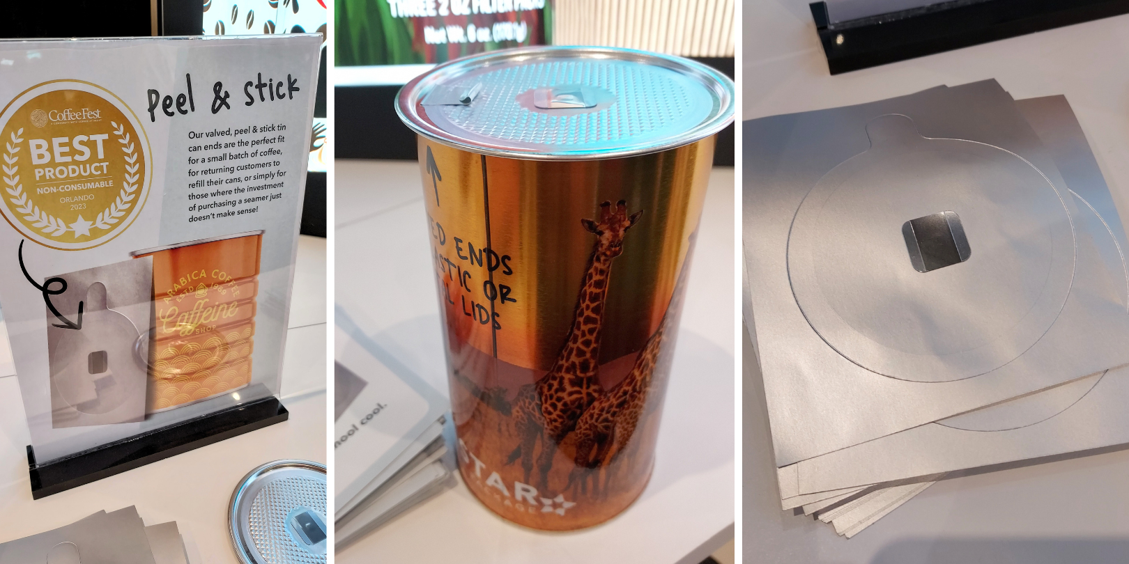From left: A sign proclaiming Roastar as the Best New Product award winner. Center: A golden tin can with a peel and stick cover. Right: silver peel and stick covers for tin cans stacked on a table.