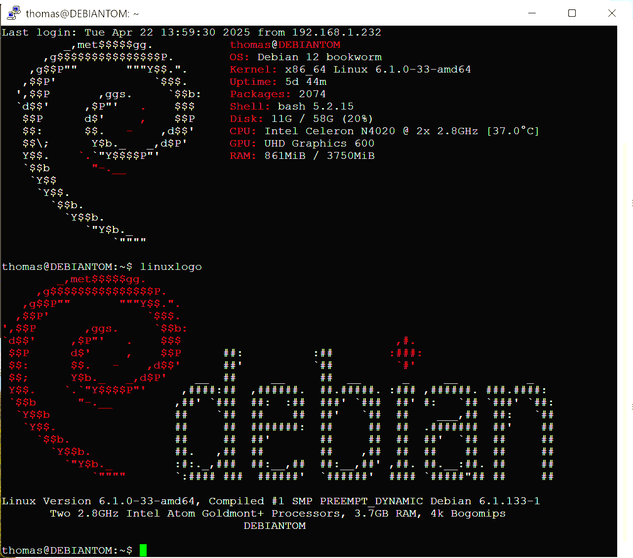 Screenfetch and Linuxlogo in a terminal window