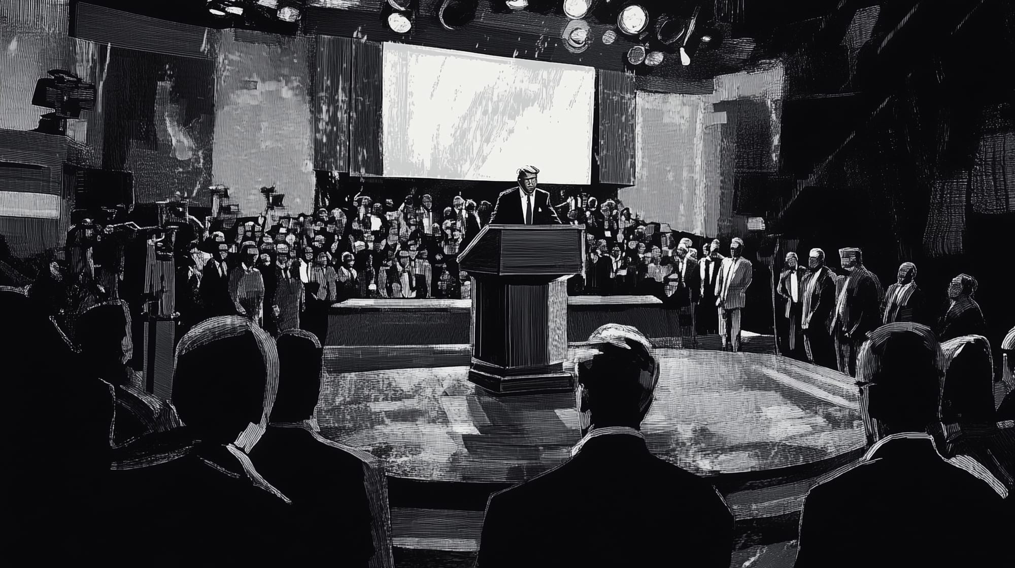 "Black and white pointillism art work of the presidential podium empty, with thousands of reporters urgently awaiting."