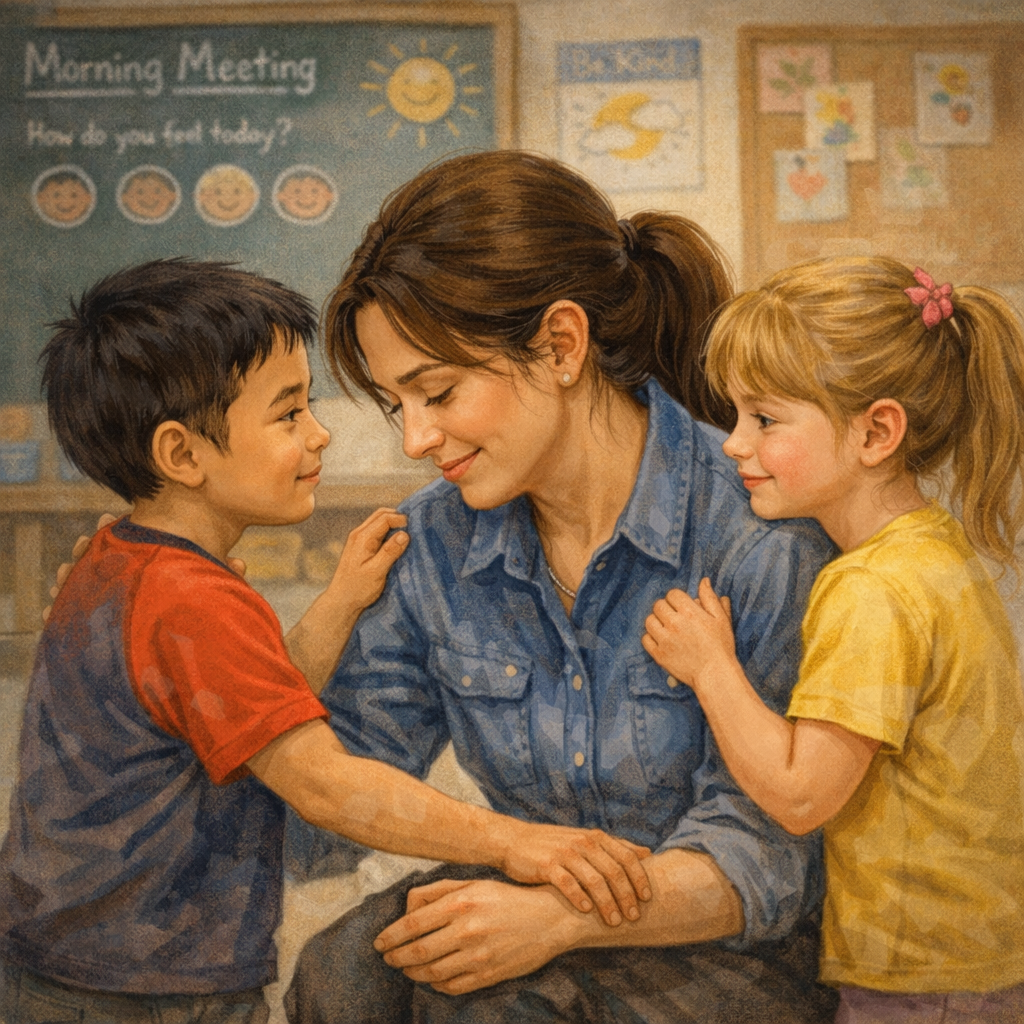 Illustration of a teacher speaking closely with two young students