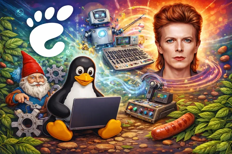 Image depicting David Bowie, a gnome, a penguin, a robot, and a sausage in a fantastical scene.