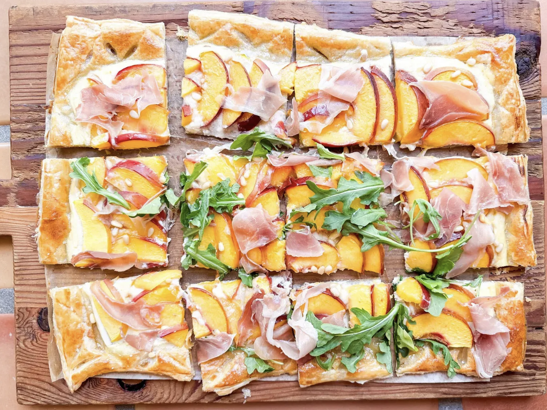 hot honey peach and prosciutto tart