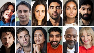 Grid featuring 12 headshots of actors in The Split Up. Actors include: Ritu Arya, Sanjeev Bhaskar, Aysha Kala, Arian Nik, Shalini Peiris, Danny Ashok, Dimitri Leonidas, Tom Forbes, Sindhi Vee, Mawaan Rizwan, Lenny Henry, and Jane Horrocks.