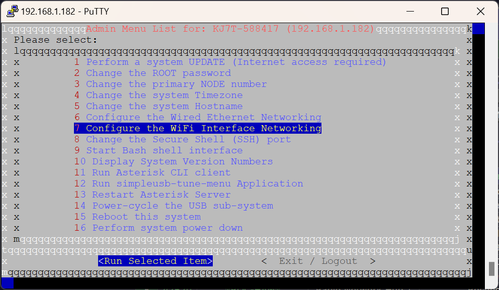 Select the wifi configuration menu item