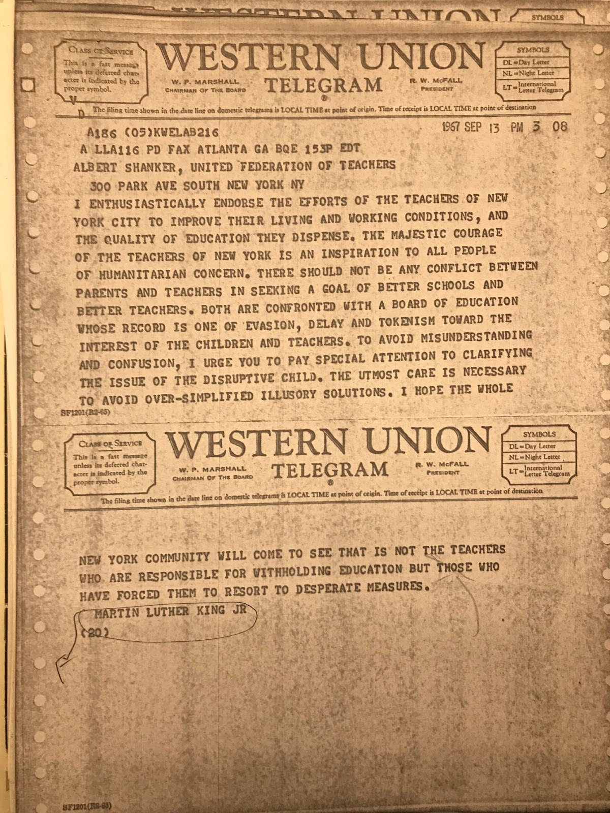 A scanned copy of the telegram from Dr. King to UFT President Albert Shanker, declaring King's support for the strike while urging the union to clarify its demand for a "disruptive child" removal clause in the contract. A scanned copy of the telegram from Dr. King to UFT President Albert Shanker, declaring King's support for the strike while urging the union to clarify its demand for a "disruptive child" removal clause in the contract.