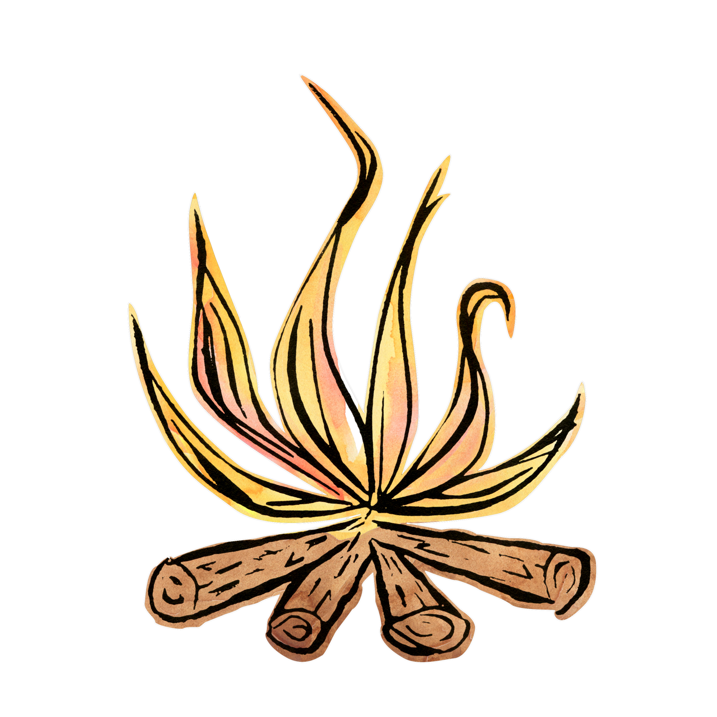 Linocut design of campfire with watercolor flames and logs