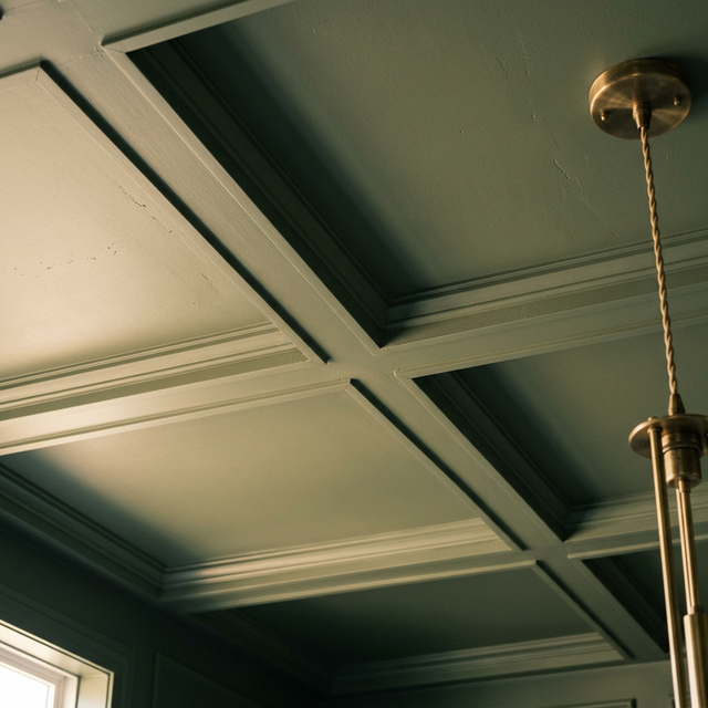 Close-up of a sophisticated statement ceiling with clean-edged MDF Shaker panel molding painted in matte deep sage green, creating geometric grid shadows with a brass pendant light