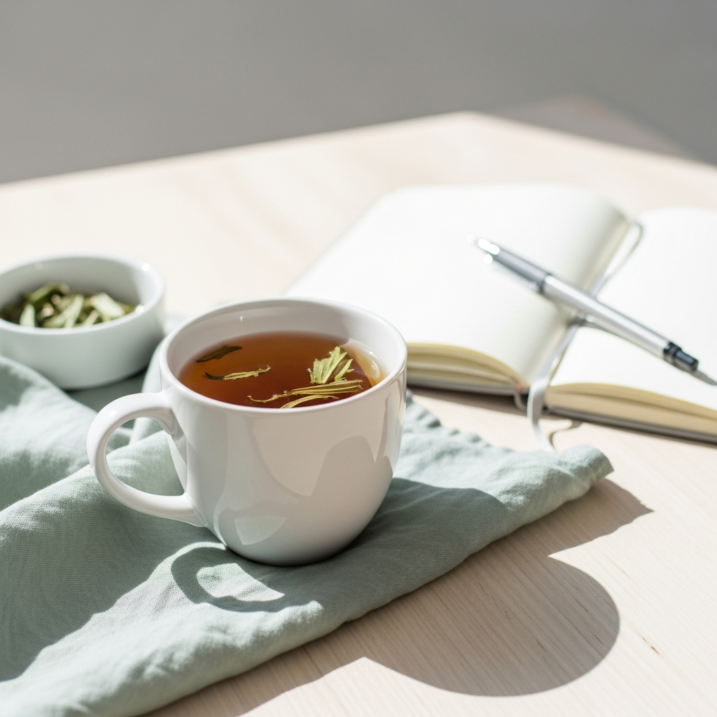 Bright photograph of a white ceramic mug of herbal tea on a light wood table beside a small open journal and a fine-line pen, bright natural daylight, soft sage linen cloth underneath, white background
