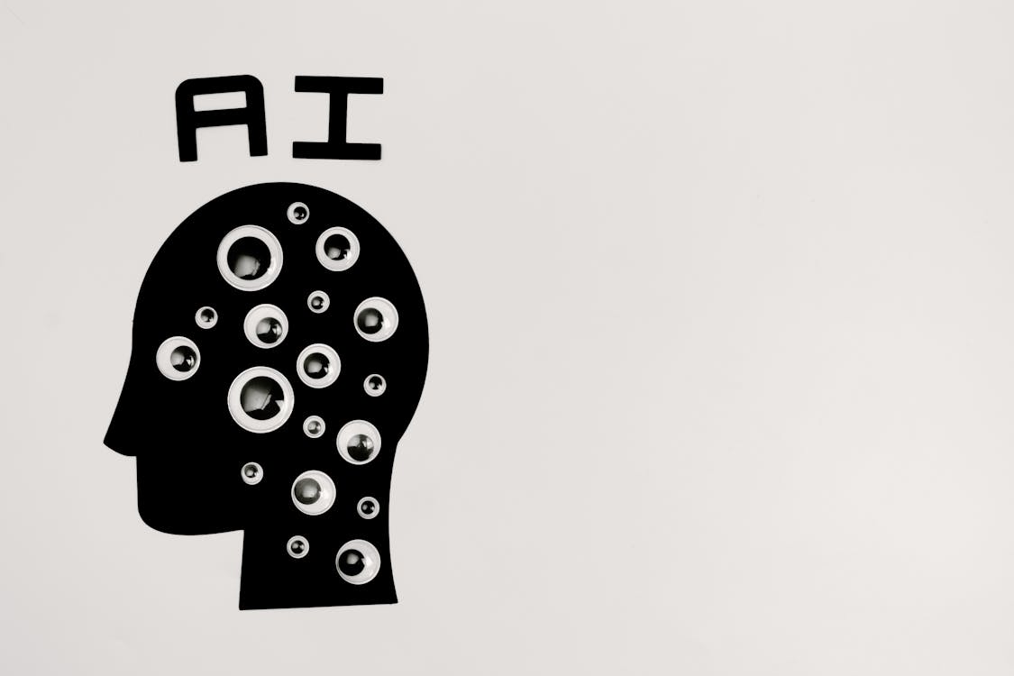 Free Abstract illustration of AI with silhouette head full of eyes, symbolizing observation and technology. Stock Photo