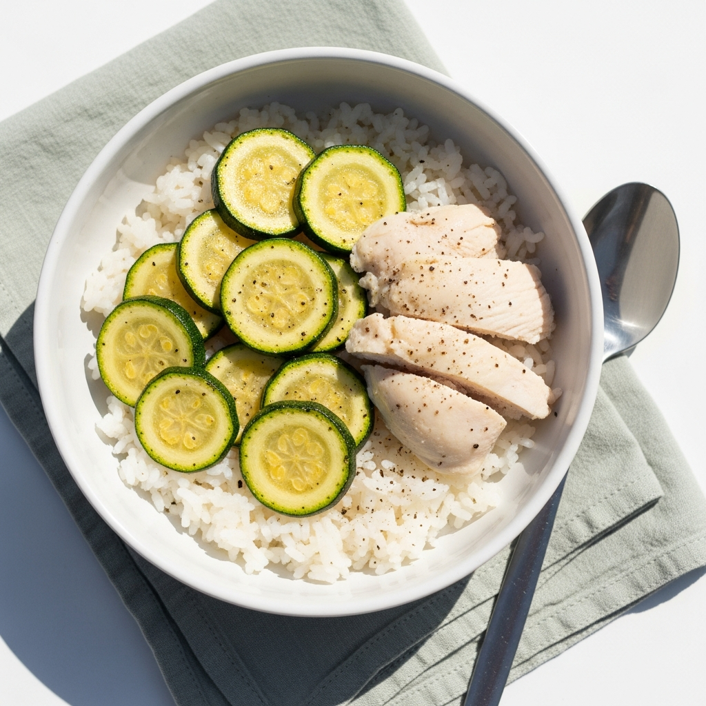 Light and airy close-up of a white ceramic bowl filled with soft-cooked white rice, steamed zucchini rounds, and poached chicken on a pale sage linen napkin, photographed from above in bright natural daylight on a white surface