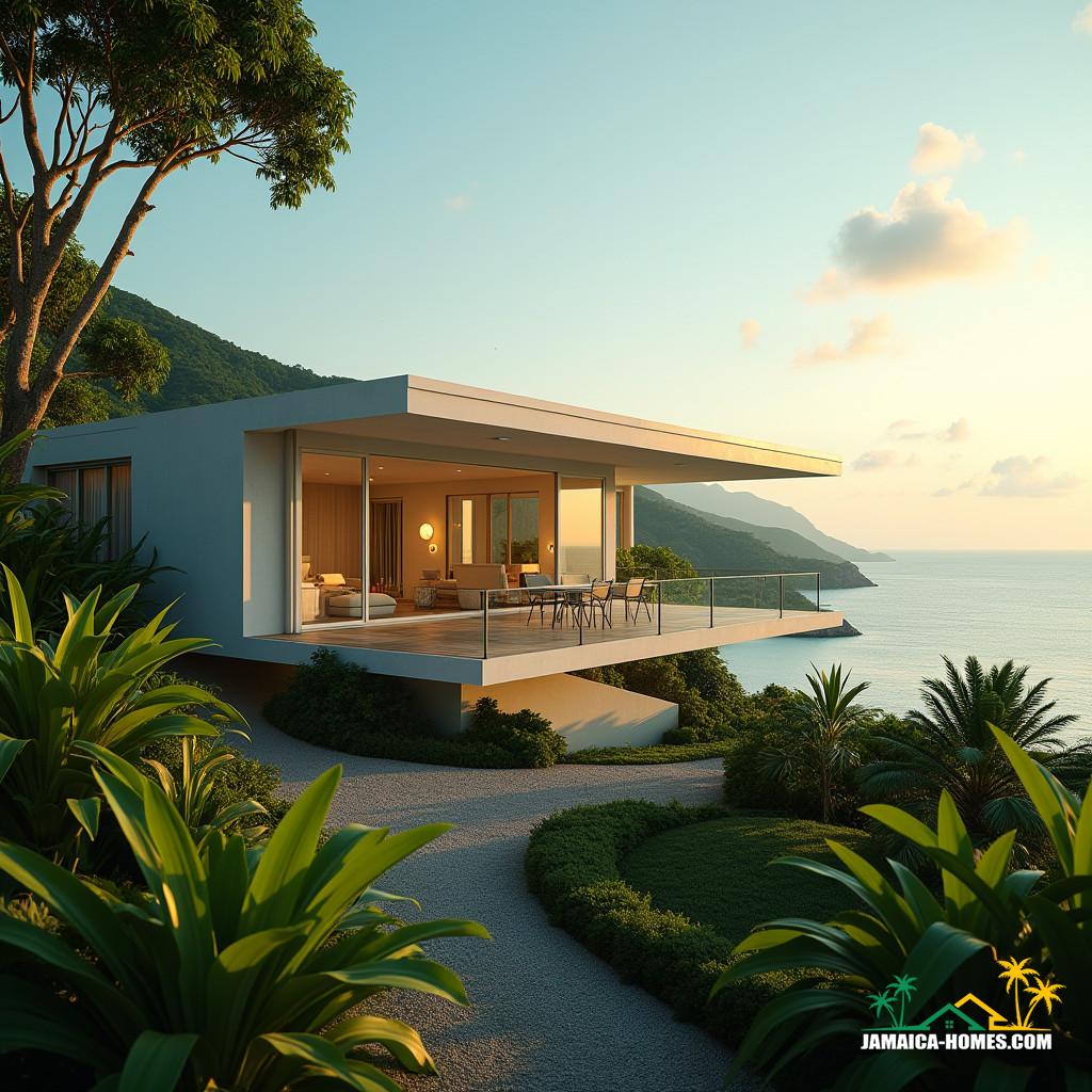 Luxurious modern prefab modular home nestled in the lush hills of Jamaica, Caribbean, surrounded by vibrant tropical foliage and overlooking a turquoise ocean bay. Soft, warm light of a Caribbean sunset casts a golden glow on the sleek, minimalist architecture, accentuating the clean lines and geometric shapes of the modular design.