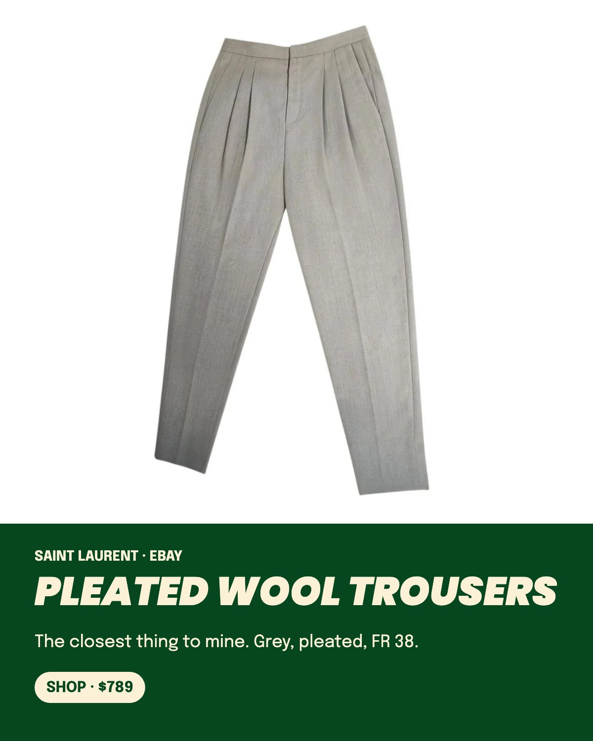 Saint Laurent pleated wool trousers on eBay, $789