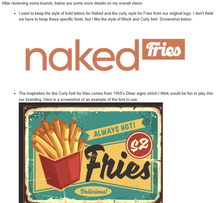 Initial Naked Fries branding notes shared with the packaging designer