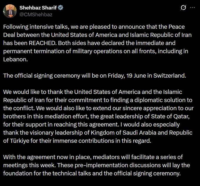 Pakistan PM Announces US-Iran Peace Deal Reached; Official Signing Set ...