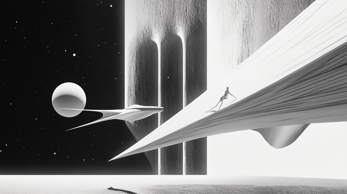 As dreamed up by Midjourney - A renaissance of mid 20th century science fiction. Minimalist art. Black, white and grey. high resolution, finest detail. 1970s style.