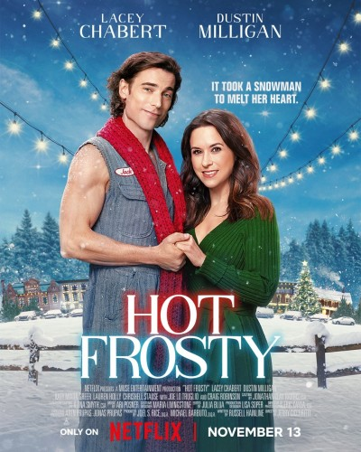 The netflix image for ‘Hot Frosty’ featuring the two romantic leads, Jack and Kathy, who are standing in snow and holding hands against a background of blue sky and fairylights.