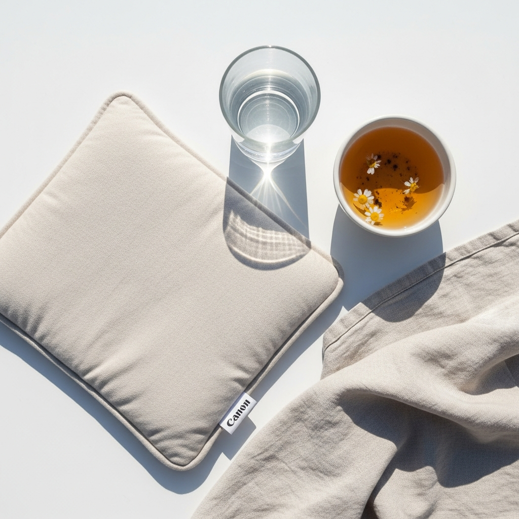 Overhead flat lay of a soft heating pad, a glass of water, a small white bowl of chamomile tea, and a light linen cloth on a bright white surface in natural daylight