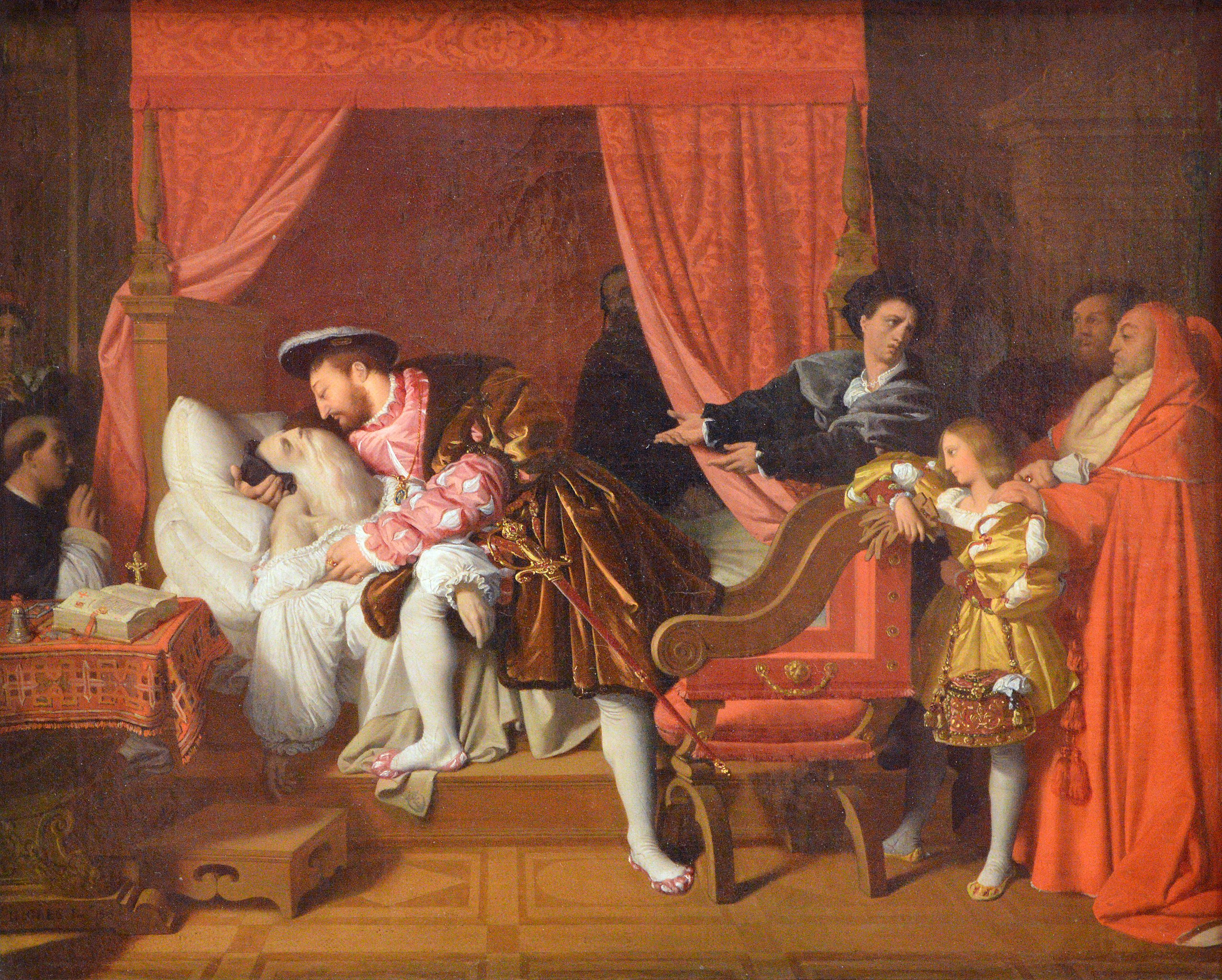 Historical painting of an elderly Leonardo in bed with a king and attendants