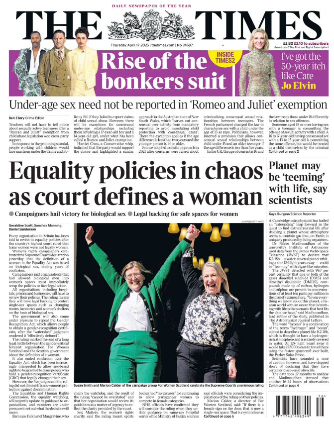 Times front page Equality policies in chaos as court defines woman