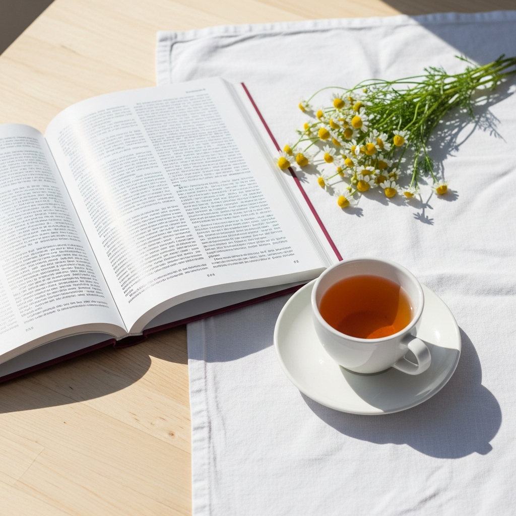 Bright photograph of a light wood surface with an open medical journal, a small white ceramic cup of tea, and a sprig of fresh chamomile, in bright natural daylight on a white linen cloth