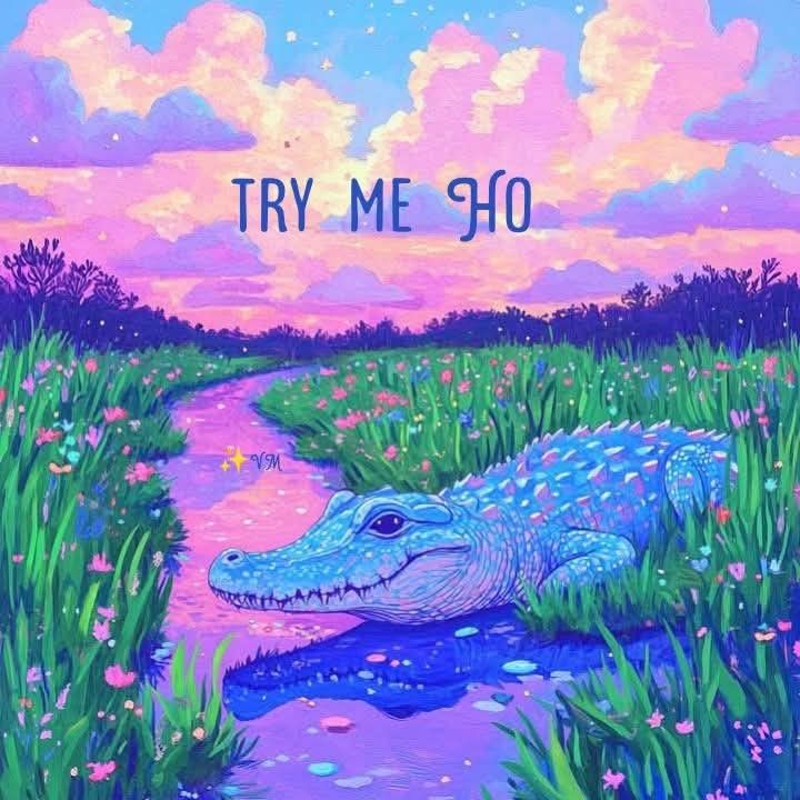 This may contain: a painting of an alligator sitting in the grass next to a body of water that says, try me 40