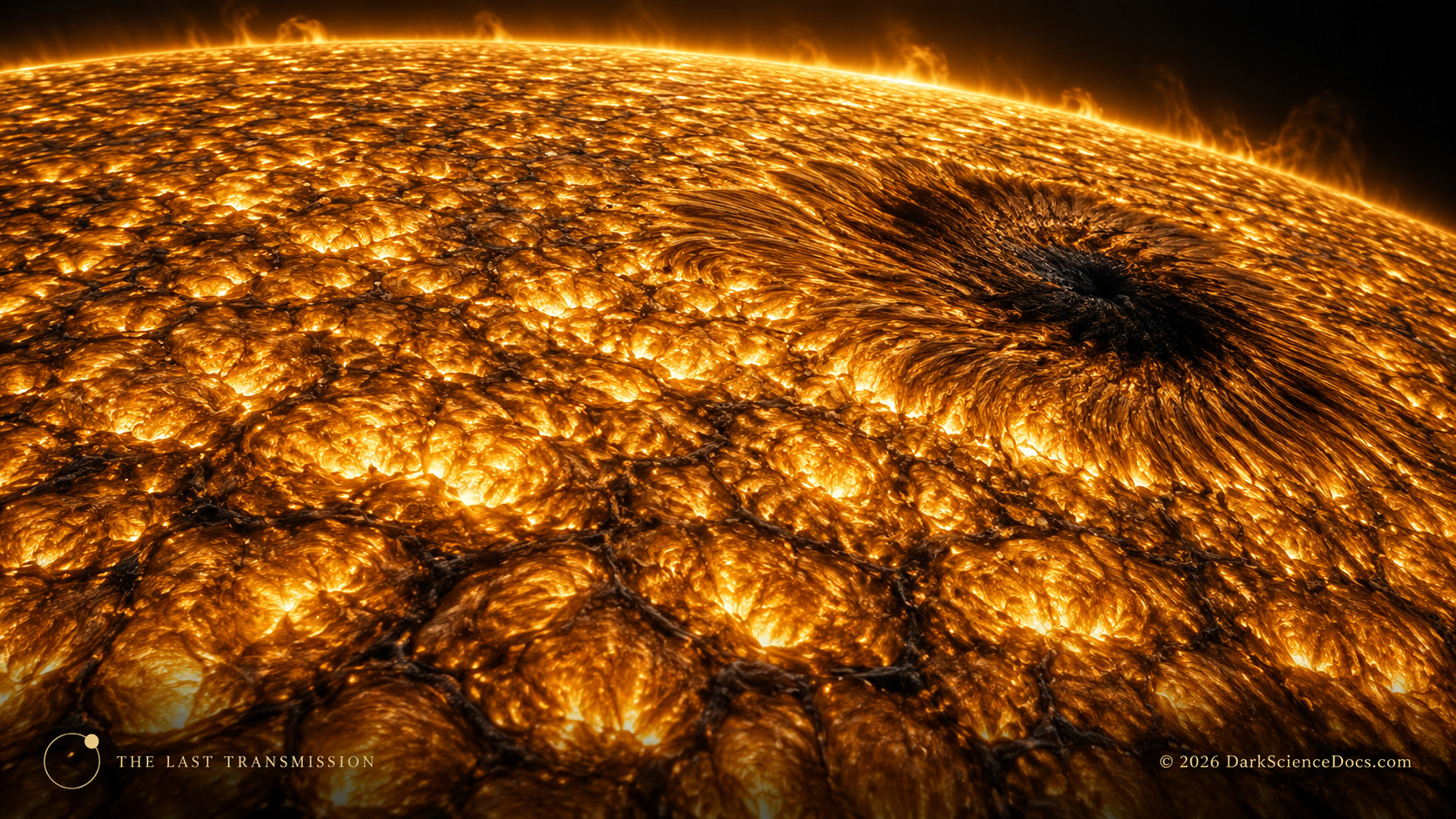 Bright solar granules trace rising material, while darker lanes mark cooler downflows; the sunspot remains plasma rather than an opening into a hollow star.