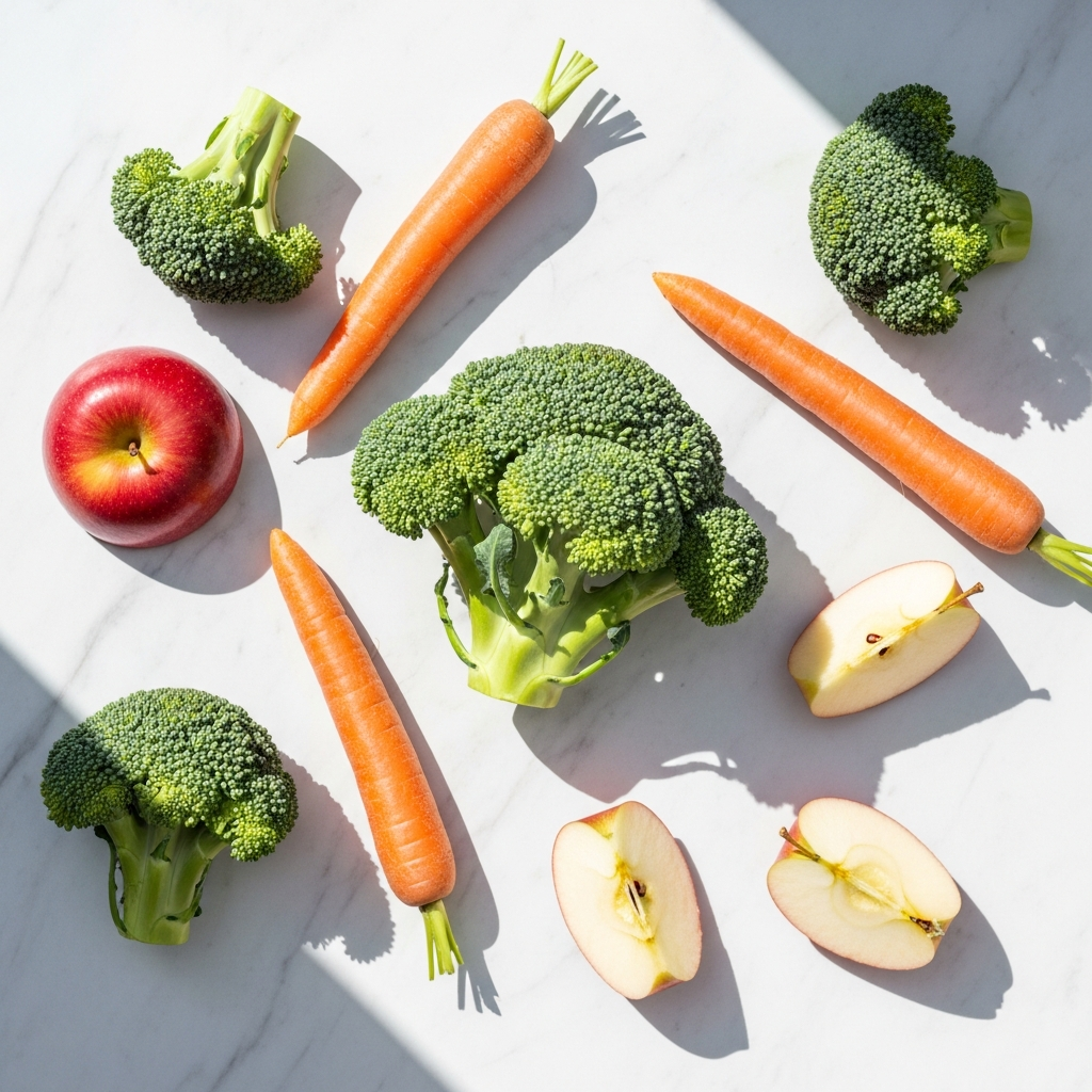 Bright overhead flat lay of raw vegetables — broccoli florets, whole carrots, apple slices — arranged on a white marble surface in bright natural daylight, soft shadows, no text
