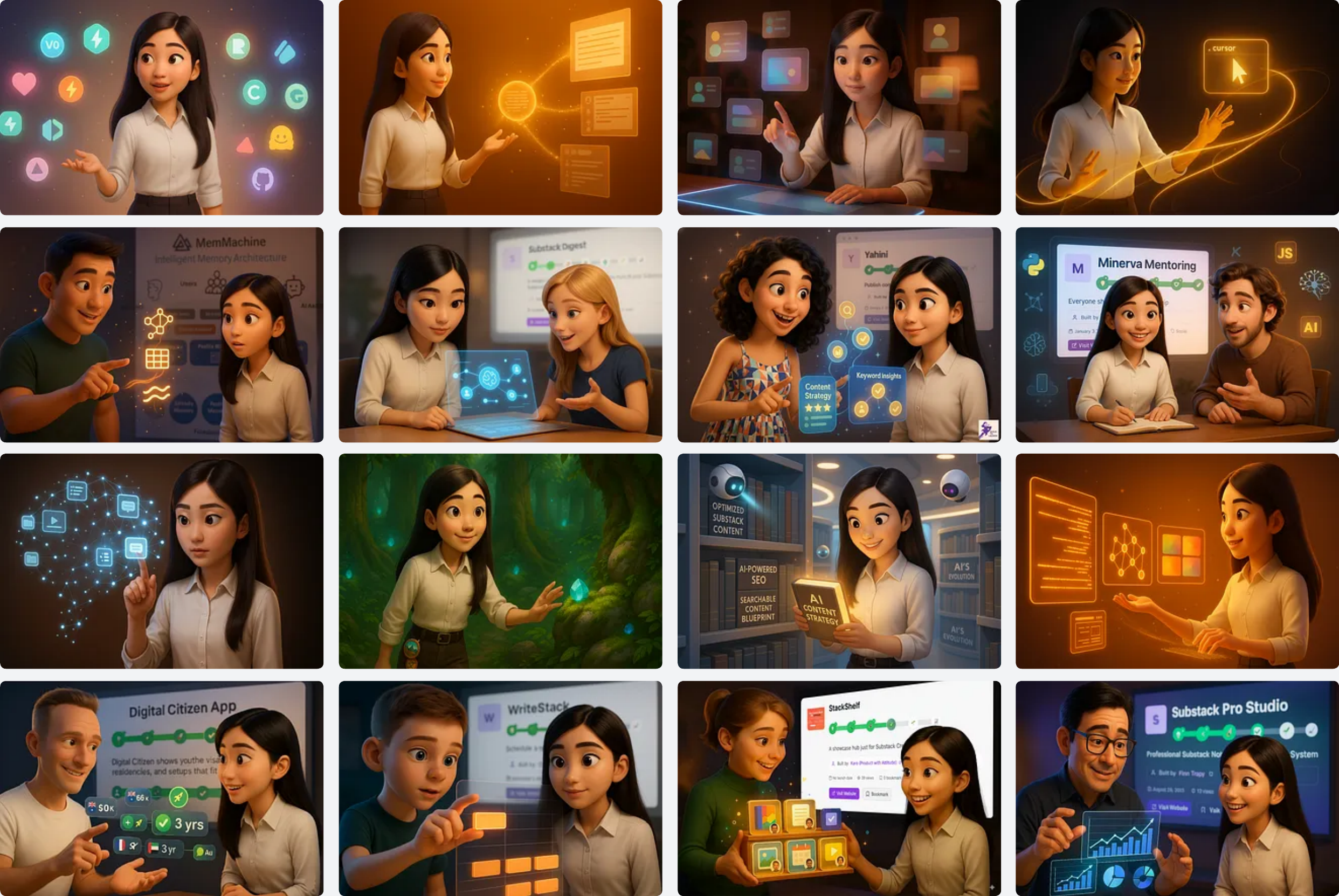 Consistent 3D cartoon character images created with ChatGPT for newsletter branding by Jenny Ouyang on BuildtoLaunch.ai