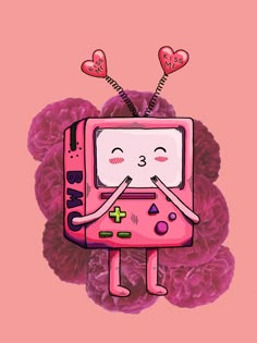 This may contain: a pink cartoon character with hearts on her head and eyes, holding a video game controller