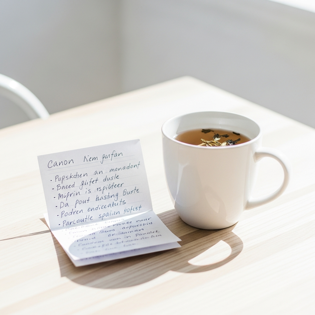 Bright photograph of a white ceramic mug of herbal tea beside a folded piece of paper with handwritten notes, on a light wood table in natural daylight