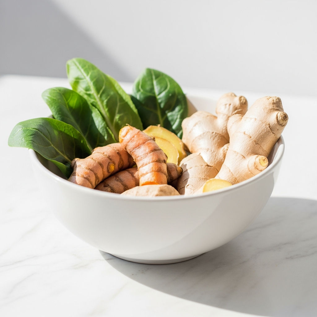 Light and airy close-up of a white ceramic bowl filled with anti-inflammatory ingredients — turmeric root, fresh ginger, and leafy greens — on a pale marble surface in bright natural daylight, no text, no faces