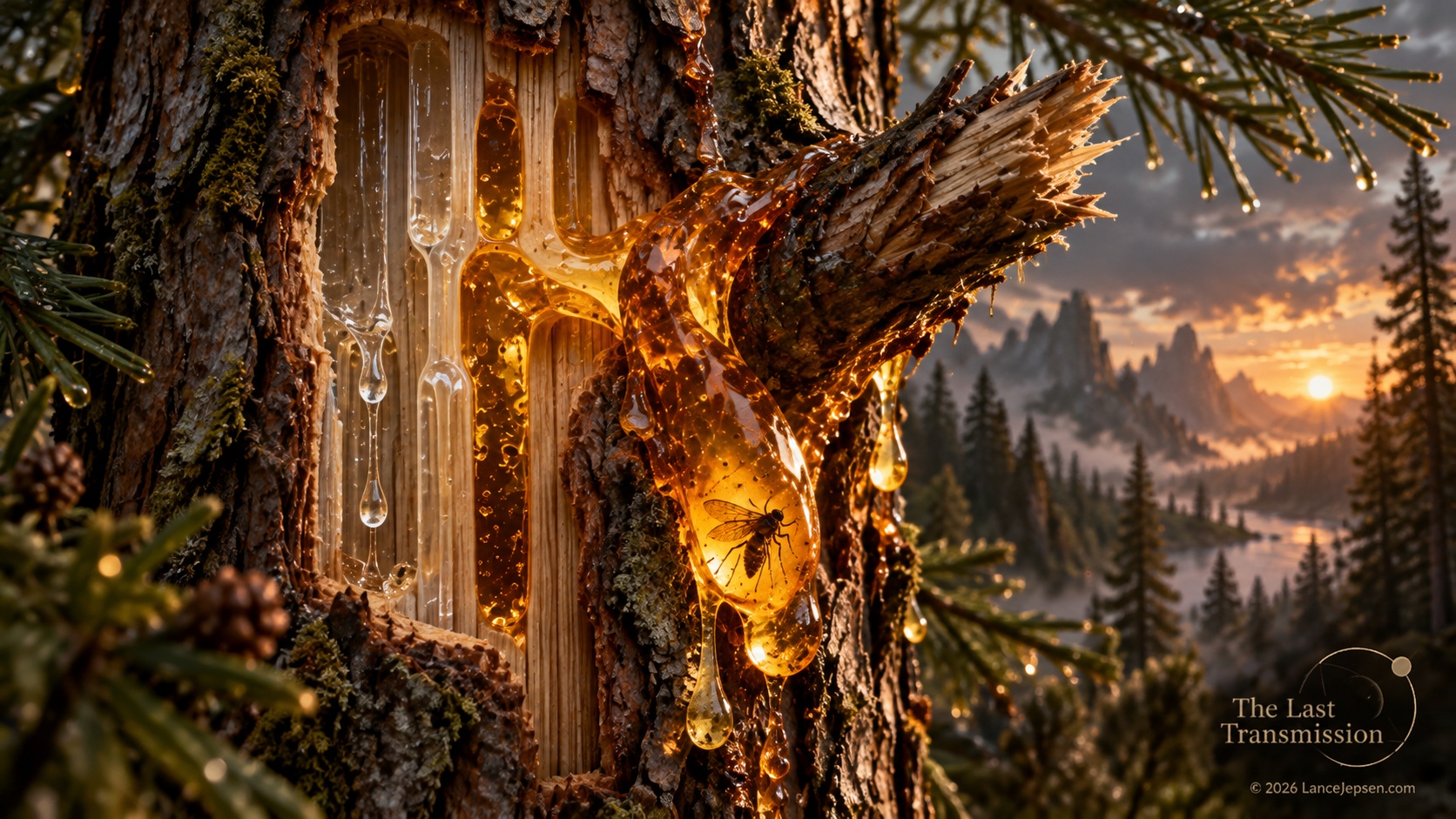 Conceptual cutaway of a wounded resin-producing tree with flowing resin channels