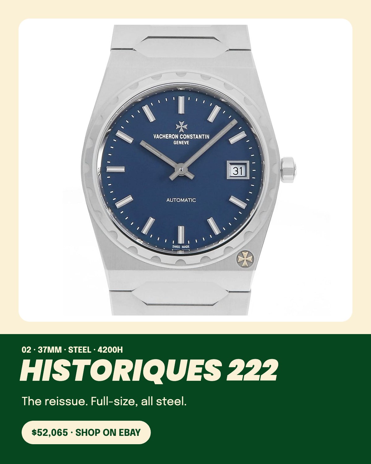 Vacheron Constantin Historiques 222 4200H, 37mm steel, $52,065 on eBay
