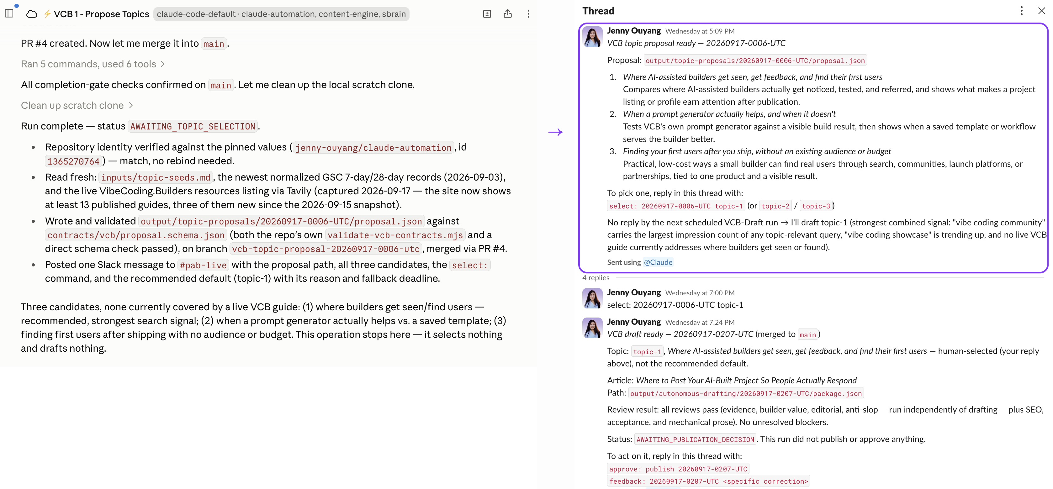 The completed topic-proposal routine beside the Slack thread, with the first proposal message outlined in purple.